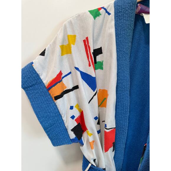 Vintage 80s Unisex Robe Terry Cloth Geo Print Size Medium Womens Quirky Fun - Picture 4 of 9